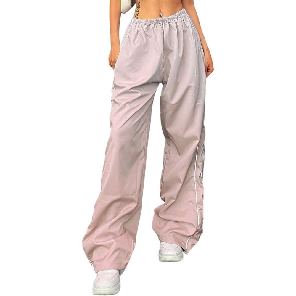 Womens Baggy Y2K Parachute Pink Pants High Waisted Lightweight Streetwear